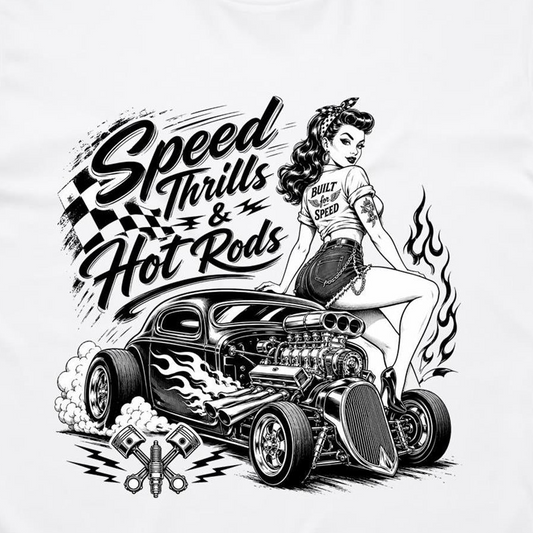 A black and white graphic print on a white background featuring a pin-up style woman sitting on a hot rod car with the text 'Speed Thrills & Hot Rods' and racing-themed illustrations.