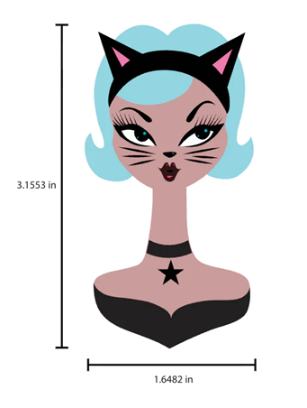 A stylized cartoon cat bust charm or pin with glittery teal hair, black cat-ear headband, tan face and neck, black collar with star, and a black bust-shaped lower section on a plain white background.
