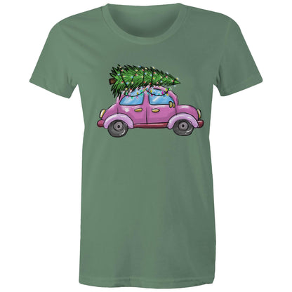 A women's t-shirt with a printed image of a Christmas tree on the front, resembling a car, on a marled background.