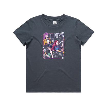 A close-up of a graphic t-shirt featuring three illustrated anime-style female characters with colorful hair and outfits, surrounded by stars and the text 'HUNTR/X'.