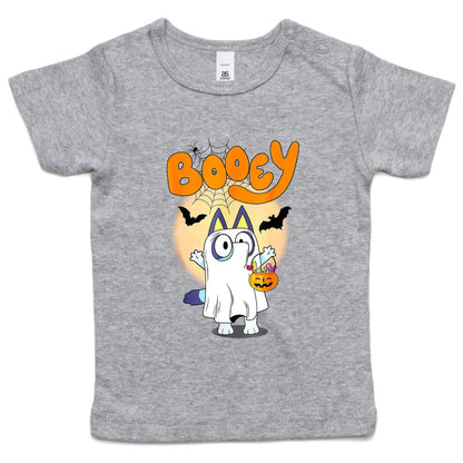 A white t-shirt featuring a colorful cartoon graphic of a ghost character dressed as Bluey, holding a jack-o'-lantern bucket of candy, with the word 'Booey' in orange above.
