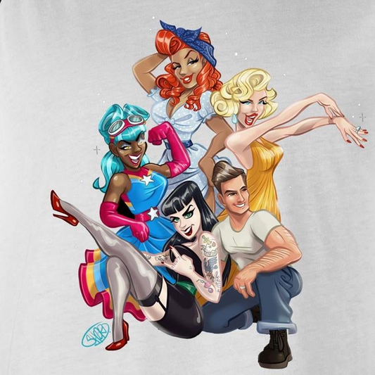 A white crewneck t-shirt featuring a colorful retro pin-up style illustration of five cartoon women and one man in vintage costumes, with a small blue 'SNO' logo near the bottom left.