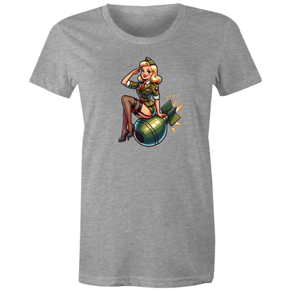 Women's green t-shirt with a vintage style pinup illustration of a female character sitting next to a bomb, on a maple green background.