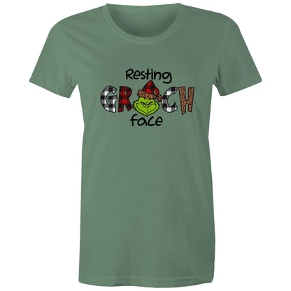 A white women's maple tee with 'Resting GRINCH FACE' printed on the front.