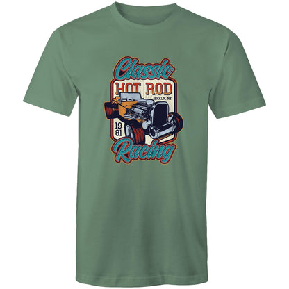 Men's green t-shirt with 'Classic Hot Rod Racing' text and a graphic of a vintage car on the front.