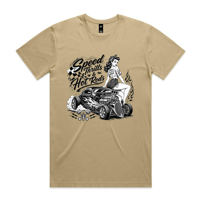 A black and white graphic print on a white background featuring a pin-up style woman sitting on a hot rod car with the text 'Speed Thrills & Hot Rods' and racing-themed illustrations.