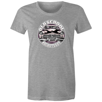A close-up of a heather gray t-shirt featuring a circular graphic print of a vintage car with the text 'OLD SCHOOL ROCKSTEADY' and 'SINCE 1949'.