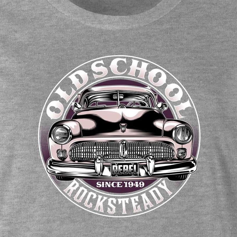 A close-up of a heather gray t-shirt featuring a circular graphic print of a vintage car with the text 'OLD SCHOOL ROCKSTEADY' and 'SINCE 1949'.