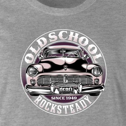 A close-up of a heather gray t-shirt featuring a circular graphic print of a vintage car with the text 'OLD SCHOOL ROCKSTEADY' and 'SINCE 1949'.
