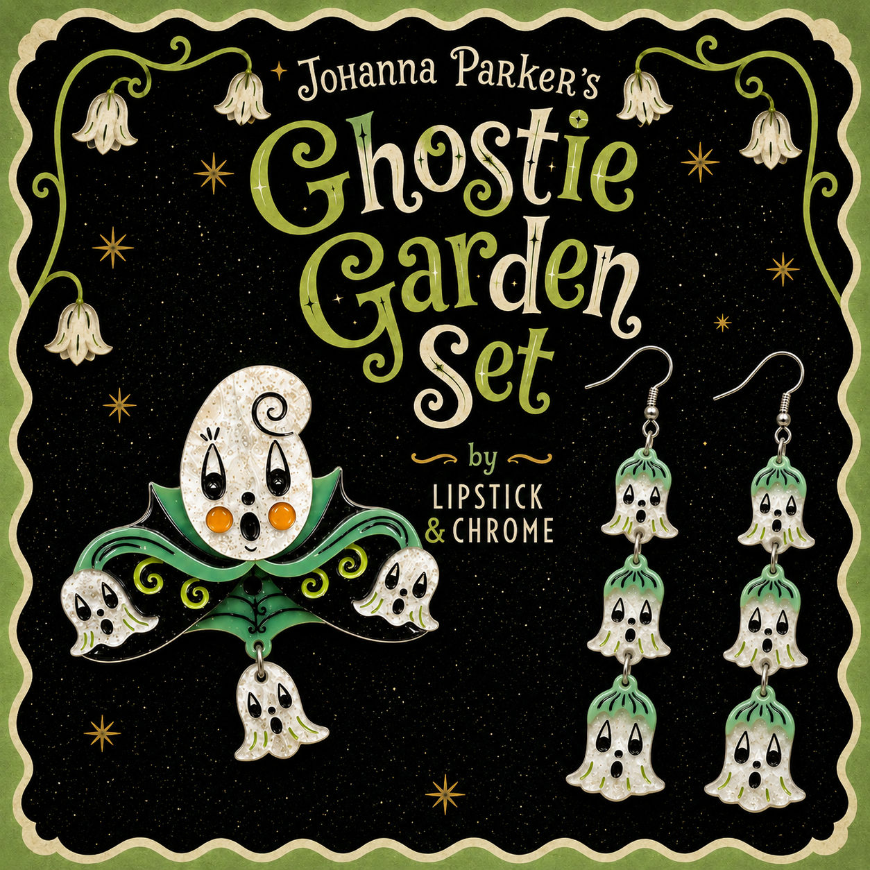 Promotional graphic for the 'Ghostie Garden Set' by Johanna Parker's Lipstick & Chrome, featuring a black starry background with a cute cartoon ghost jester and matching dangling earrings on the right.