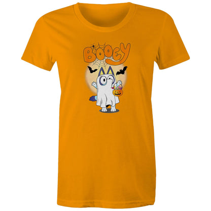 A blue graphic print featuring a cartoon cat dressed as a ghost holding a jack-o'-lantern bucket, with the word 'Booey' in orange above, bats, spiderwebs, and a moon.