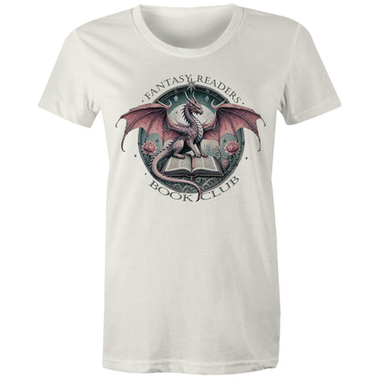 A close-up of a white t-shirt featuring a detailed graphic print of a fantasy dragon perched on an open book, with the text 'FANTASY READERS' above and 'BOOK CLUB' below.