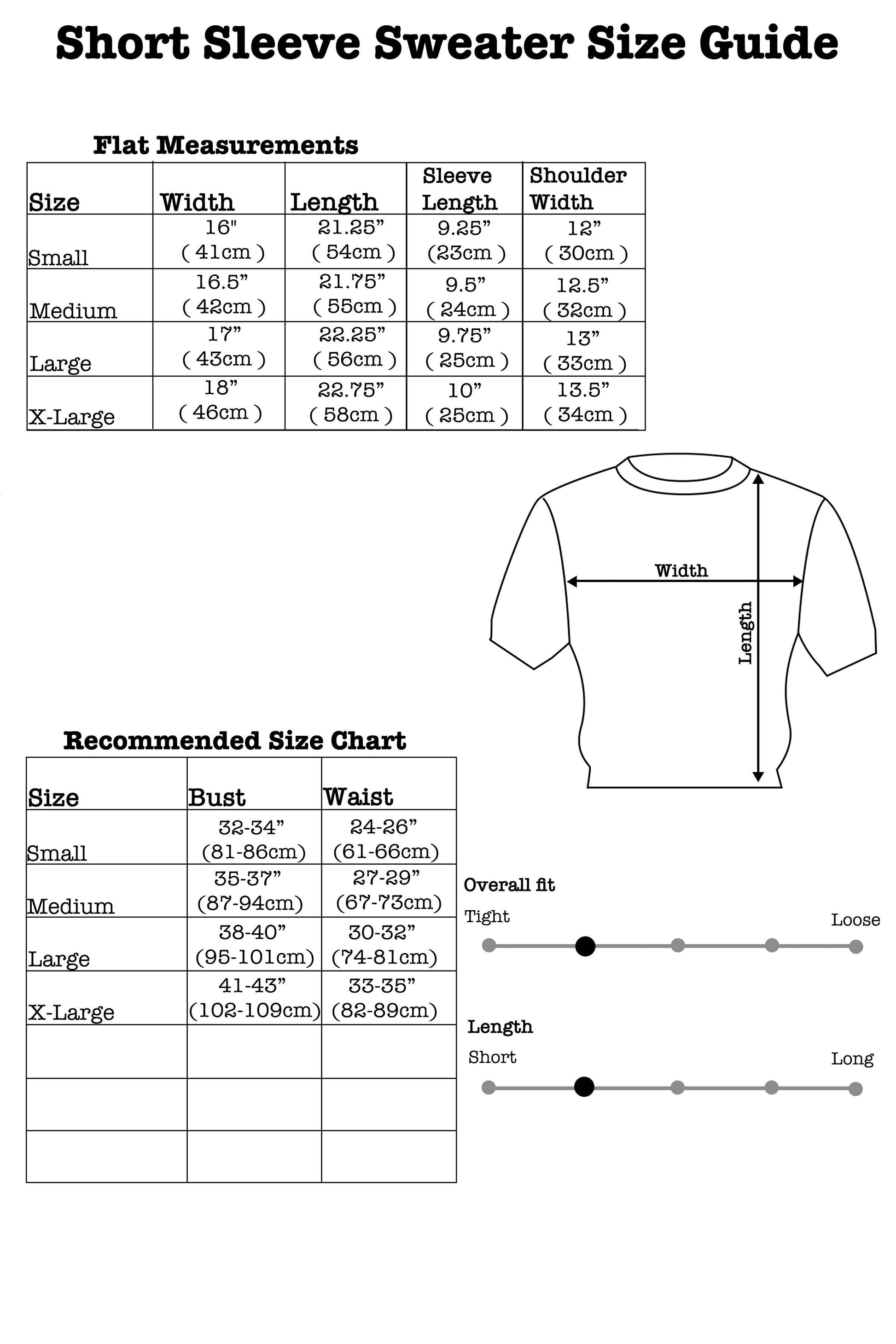 Short sleeve sweater size guide with measurements and chart on a white background
