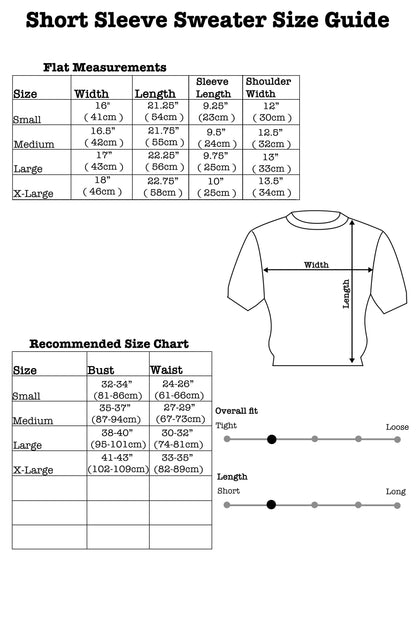 Short sleeve sweater size guide with measurements and chart on a white background