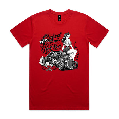 A black and white graphic print on a white background featuring a pin-up style woman sitting on a hot rod car with the text 'Speed Thrills & Hot Rods' and racing-themed illustrations.