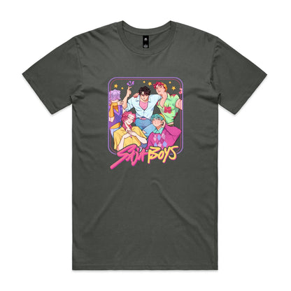 t-shirt featuring a colorful graphic print of five anime-style boys with the text 'Sun Boys' in pink and yellow stylized font.