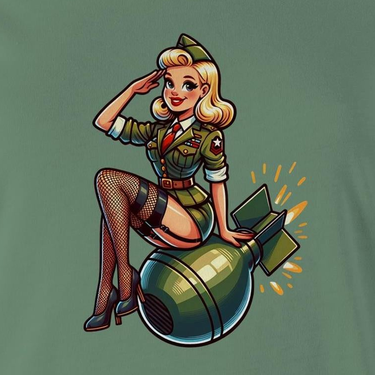 Women's green t-shirt with a vintage style pinup illustration of a female character sitting next to a bomb, on a maple green background.