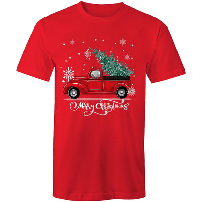 Men's green t-shirt with 'Merry Christmas' and a graphic of a red ute (pickup truck) with snowflakes and a Christmas tree on it.