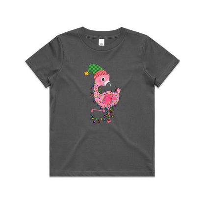 A pink cartoon flamingo wearing a green and red plaid Santa hat, wrapped in colorful Christmas lights, printed on a white fabric background.