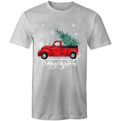 Men's green t-shirt with 'Merry Christmas' and a graphic of a red ute (pickup truck) with snowflakes and a Christmas tree on it.