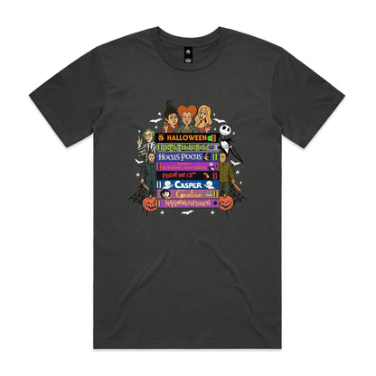 A graphic print featuring cartoon characters and movie titles from the Halloween franchise, including Dr. Seuss, Jack Skellington, Michael Myers, Sally, and various film titles like 'Halloween', 'Bedazzle', 'Hocus Pocus', 'Friday the 13th', 'Casper', and 'Gorillaz vs.