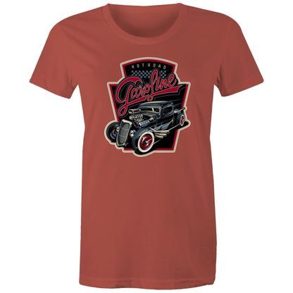 A maroon women's t-shirt with a graphic print of a vintage car and the text 'Hot Road Gasoline' on the front.