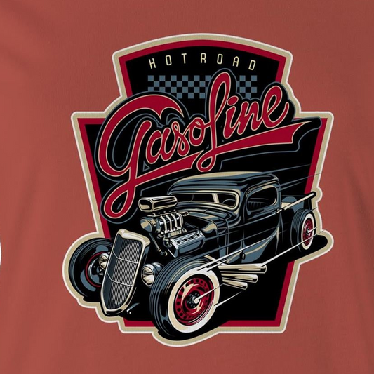 A maroon women's t-shirt with a graphic print of a vintage car and the text 'Hot Road Gasoline' on the front.