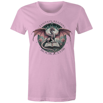 A white crew neck t-shirt with a graphic print of a dragon and the text 'FANTASY READERS BOOK CLUB'.