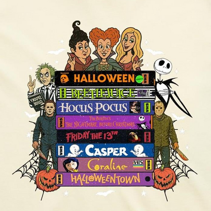 A graphic print featuring characters and movie titles from the Disney-Halloween franchise, including Holly, Jack Skellington, Michael, Sally, and Gus, arranged around stacked film title bars on a light beige background.