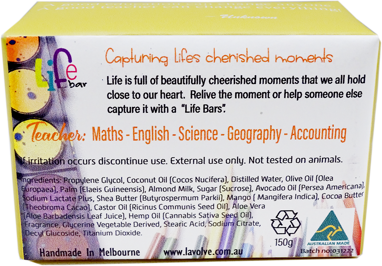 Front-facing view of a yellow and white box of Life Bar Teacher's 'Capturing Life's cherished moments' gift set, showing product details, ingredients, and Australian Made branding.