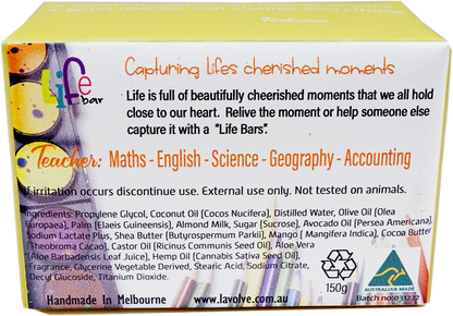 Front-facing view of a yellow and white box of Life Bar Teacher's 'Capturing Life's cherished moments' gift set, showing product details, ingredients, and Australian Made branding.