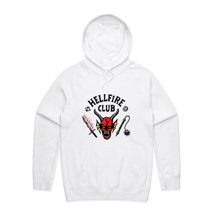 White pullover hoodie featuring a graphic print of a red horned devil face with the text 'HELLFIRE CLUB' in black above it, accompanied by a sword with red flames, a mace, and small black symbols.