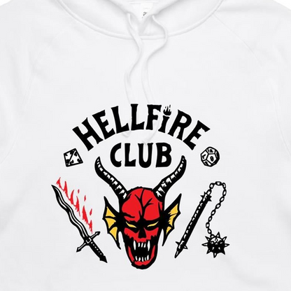 White pullover hoodie featuring a graphic print of a red horned devil face with the text 'HELLFIRE CLUB' in black above it, accompanied by a sword with red flames, a mace, and small black symbols.