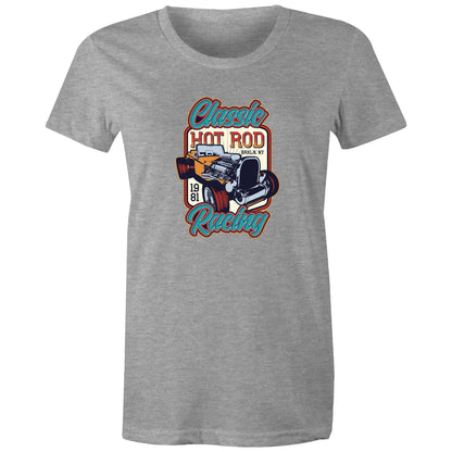  women's t-shirt with 'Classic Hot Rod' and related graphics printed on the front.