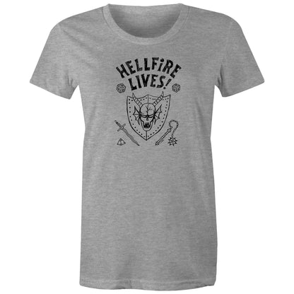 A red graphic print featuring the text 'HELLFIRE LIVES!' in a distressed black font, above a black illustrated skull inside a shield with fantasy accessories including dice, a sword, and a mace.