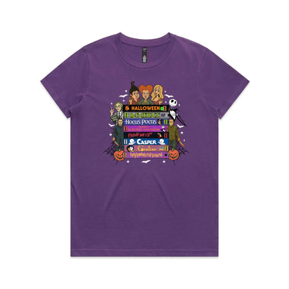 A graphic print featuring characters and movie titles from the Disney-Halloween franchise, including Holly, Jack Skellington, Michael, Sally, and Gus, arranged around stacked film title bars on a light beige background.