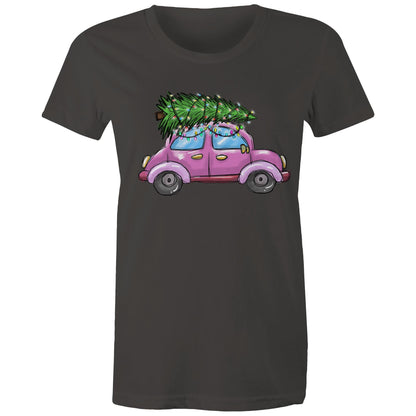 A women's t-shirt with a printed image of a Christmas tree on the front, resembling a car, on a marled background.