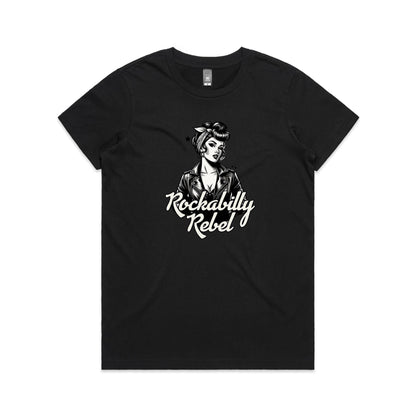 A black and white graphic print on a white fabric background, featuring a retro pin-up style woman in a leather jacket with the text 'Rockabilly Rebel'.
