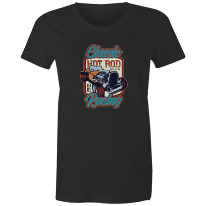  women's t-shirt with 'Classic Hot Rod' and related graphics printed on the front.