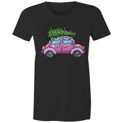 A women's t-shirt with a printed image of a Christmas tree on the front, resembling a car, on a marled background.