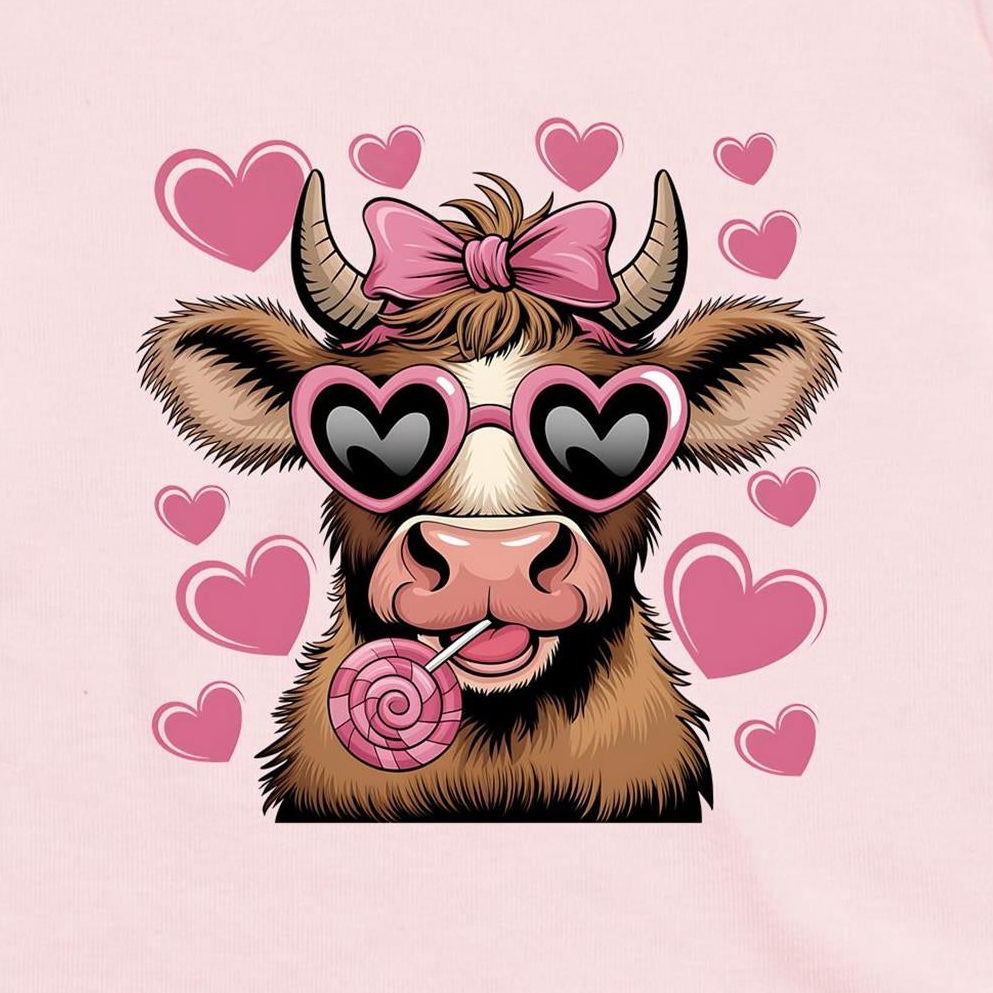 A stylized cartoon cow face with brown and cream fur, pink heart-shaped sunglasses, a pink bow on its horns, and a pink lollipop, surrounded by pink hearts on a light pink background.