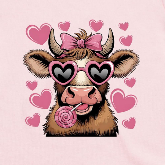 A stylized cartoon cow face with brown and cream fur, pink heart-shaped sunglasses, a pink bow on its horns, and a pink lollipop, surrounded by pink hearts on a light pink background.