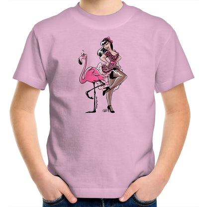A pink youth t-shirt with a graphic print of a flamingo wearing a tutu and a feather boa, seated on a chair.