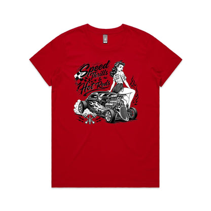 A white short-sleeve crewneck t-shirt featuring a large black graphic print of a pin-up girl sitting on a hot rod car with the text 'Speed Thrills & Hot Rods'.