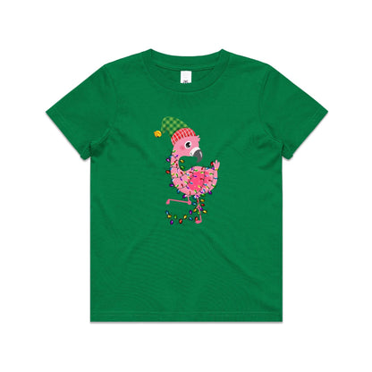 A pink cartoon flamingo wearing a green and red plaid Santa hat, wrapped in colorful Christmas lights, printed on a white fabric background.