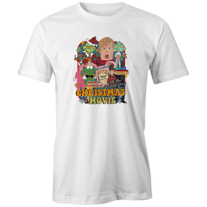 A close-up of a gray fabric garment featuring a large, colorful graphic print on the front. The print is a collage of characters and text from the movie 'Son of a Nutcracker: Are You Serious, Clerk?' including the Grinch in Santa hat, a blonde boy, a woman in a green dress, and bold text reading 'CHRISTMAS MOVIE'.
