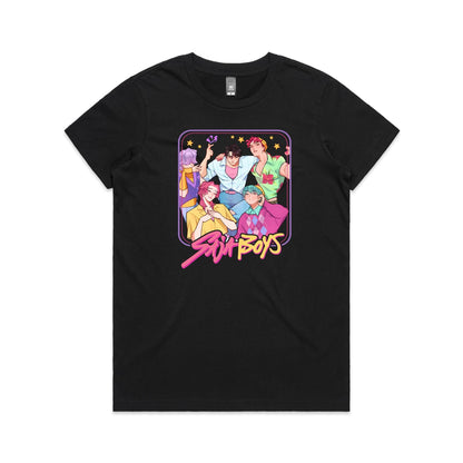 t-shirt featuring a colorful graphic print of five anime-style boys with the text 'Stunt Boys' written in a pink and yellow font below them.