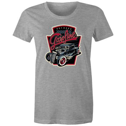 women's t-shirt with a graphic print of a vintage car and the text 'Hot Road Gasoline' on the front.