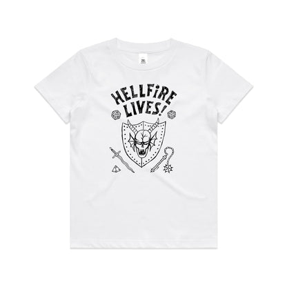 A close-up of a heather gray t-shirt featuring a black graphic print of a horned skull in a shield, surrounded by fantasy-themed icons including dice, a sword, and a mace, with the text 'HELLFIRE LIVES!'.