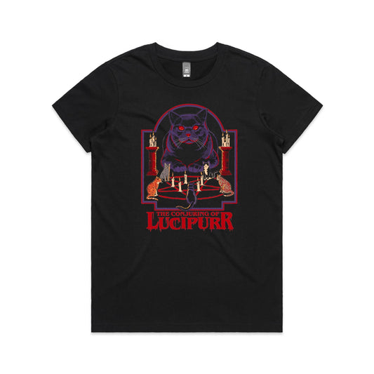 LuciPurr  Women's Black Tee | This is a Print on Demand Item